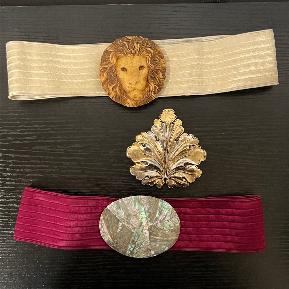 2 Charmant Belts Abalone Iridescent Shell Lion & Leaf Belt Buckles Vintage